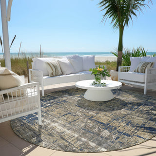 Piper Looms Chantille Geometric ACN1969 Navy Machine Washable Area Rug Round Outdoor Lifestyle Image Feature