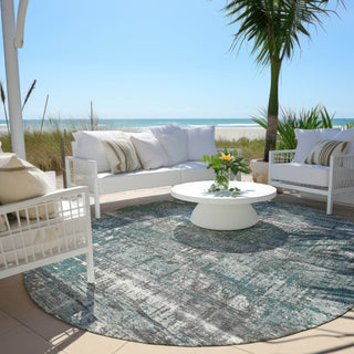 Piper Looms Chantille Geometric ACN1969 Teal Machine Washable Area Rug Round Outdoor Lifestyle Image Feature