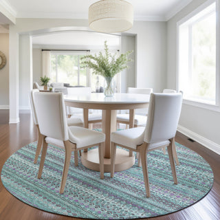 Piper Looms Chantille Stripes ACN1970 Teal Machine Washable Area Rug Round Lifestyle Image Feature