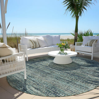 Piper Looms Chantille Stripes ACN1971 Teal Machine Washable Area Rug Round Outdoor Lifestyle Image Feature