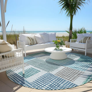 Piper Looms Chantille Geometric ACN1975 Aqua Machine Washable Area Rug Round Outdoor Lifestyle Image Feature