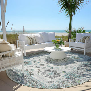 Piper Looms Chantille Border ACN1976 Teal Machine Washable Area Rug Round Outdoor Lifestyle Image Feature