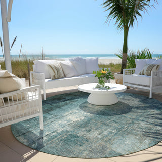 Piper Looms Chantille Abstract ACN1980 Teal Machine Washable Area Rug Round Outdoor Lifestyle Image Feature
