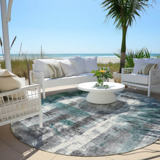 Piper Looms Chantille Abstract ACN1982 Teal Machine Washable Area Rug Round Outdoor Lifestyle Image Feature
