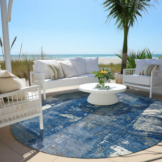 Piper Looms Chantille Abstract ACN1984 Navy Machine Washable Area Rug Round Outdoor Lifestyle Image Feature