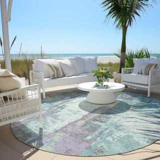 Piper Looms Chantille Abstract ACN1984 Teal Machine Washable Area Rug Round Outdoor Lifestyle Image Feature