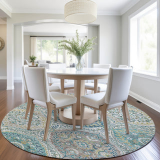 Piper Looms Chantille Panels ACN1990 Teal Machine Washable Area Rug Round Lifestyle Image Feature