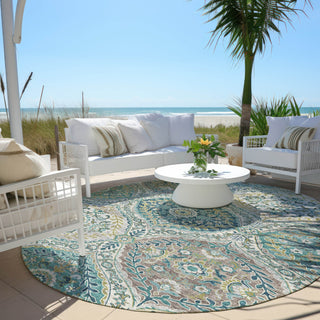 Piper Looms Chantille Panels ACN1990 Teal Machine Washable Area Rug Round Outdoor Lifestyle Image Feature