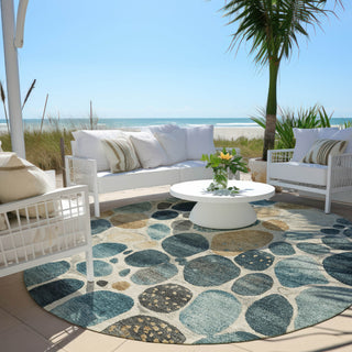 Piper Looms Chantille Geometric ACN1993 Teal Machine Washable Area Rug Round Outdoor Lifestyle Image Feature