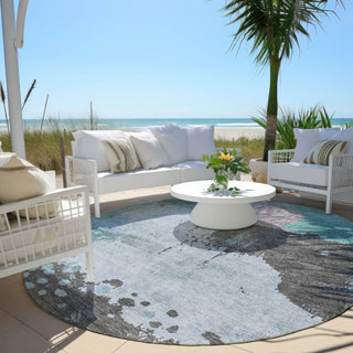 Piper Looms Chantille Abstract ACN1994 Teal Machine Washable Area Rug Round Outdoor Lifestyle Image Feature