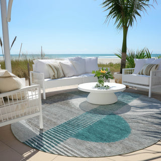 Piper Looms Chantille Geometric ACN2001 Teal Machine Washable Area Rug Round Outdoor Lifestyle Image Feature