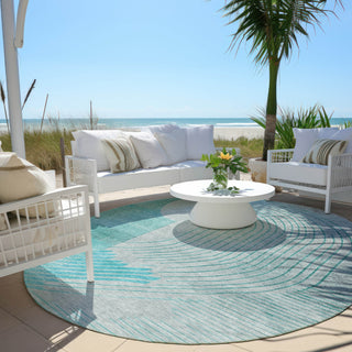 Piper Looms Chantille Geometric ACN2003 Teal Machine Washable Area Rug Round Outdoor Lifestyle Image Feature