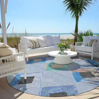 Piper Looms Chantille Geometric ACN2004 Denim Machine Washable Area Rug Round Outdoor Lifestyle Image Feature