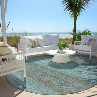 Piper Looms Chantille Geometric ACN2005 Teal Machine Washable Area Rug Round Outdoor Lifestyle Image Feature