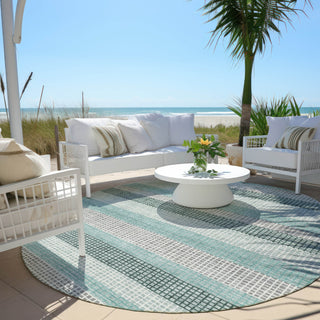 Piper Looms Chantille Stripes ACN2008 Teal Machine Washable Area Rug Round Outdoor Lifestyle Image Feature