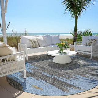 Piper Looms Chantille Abstract ACN2010 Denim Machine Washable Area Rug Round Outdoor Lifestyle Image Feature