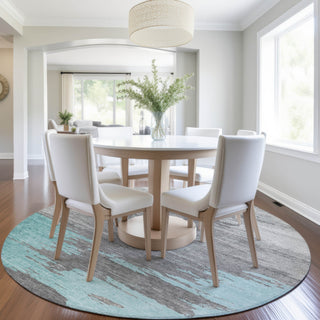 Piper Looms Chantille Abstract ACN2010 Teal Machine Washable Area Rug Round Lifestyle Image Feature