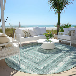 Piper Looms Chantille Geometric ACN2011 Teal Machine Washable Area Rug Round Outdoor Lifestyle Image Feature