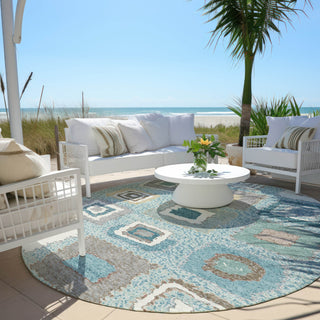 Piper Looms Chantille Geometric ACN2014 Teal Machine Washable Area Rug Round Outdoor Lifestyle Image Feature