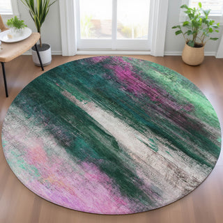 Piper Looms Chantille Abstract ACN2016 Green Machine Washable Area Rug Round Lifestyle Image Feature