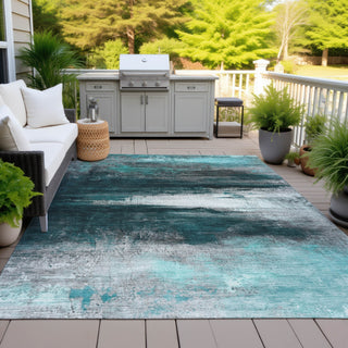 Piper Looms Chantille Abstract ACN2016 Teal Machine Washable Area Rug Outdoor Lifestyle Image Feature