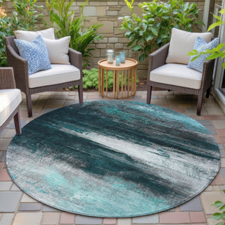 Piper Looms Chantille Abstract ACN2016 Teal Machine Washable Area Rug Round Outdoor Lifestyle Image Feature