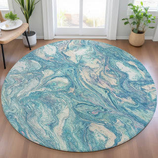 Piper Looms Chantille Abstract ACN2017 Teal Machine Washable Area Rug Round Lifestyle Image Feature