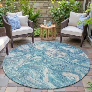 Piper Looms Chantille Abstract ACN2017 Teal Machine Washable Area Rug Round Outdoor Lifestyle Image Feature
