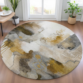 Piper Looms Chantille Abstract ACN2019 Mocha Machine Washable Area Rug Round Lifestyle Image Feature