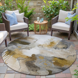 Piper Looms Chantille Abstract ACN2019 Mocha Machine Washable Area Rug Round Outdoor Lifestyle Image Feature