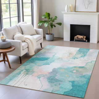 Piper Looms Chantille Abstract ACN2019 Turquoise Machine Washable Area Rug Lifestyle Image Feature