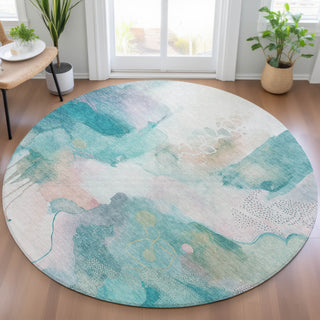 Piper Looms Chantille Abstract ACN2019 Turquoise Machine Washable Area Rug Round Lifestyle Image Feature