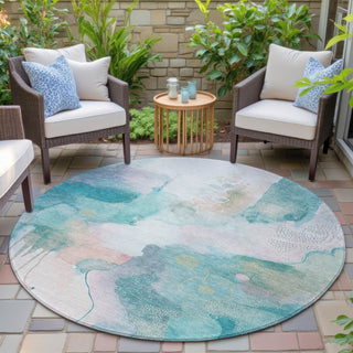 Piper Looms Chantille Abstract ACN2019 Turquoise Machine Washable Area Rug Round Outdoor Lifestyle Image Feature