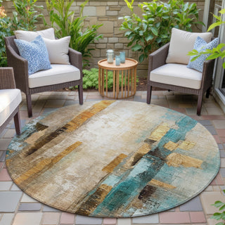 Piper Looms Chantille Abstract ACN2020 Beige Machine Washable Area Rug Round Outdoor Lifestyle Image Feature