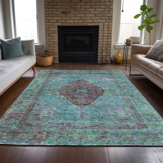 Piper Looms Chantille Border ACN2021 Aqua Machine Washable Area Rug Lifestyle Image Feature