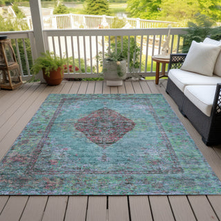 Piper Looms Chantille Border ACN2021 Aqua Machine Washable Area Rug Outdoor Lifestyle Image Feature