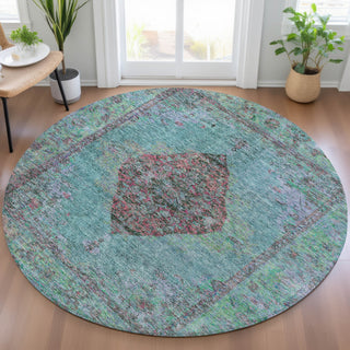 Piper Looms Chantille Border ACN2021 Aqua Machine Washable Area Rug Round Lifestyle Image Feature