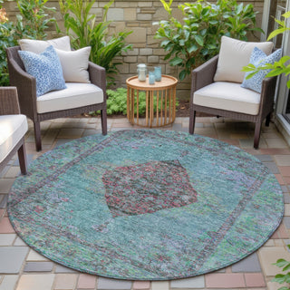 Piper Looms Chantille Border ACN2021 Aqua Machine Washable Area Rug Round Outdoor Lifestyle Image Feature
