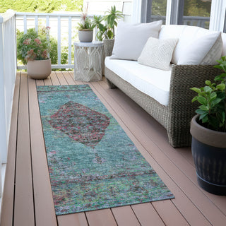 Piper Looms Chantille Border ACN2021 Aqua Machine Washable Area Rug Runner Outdoor Lifestyle Image Feature