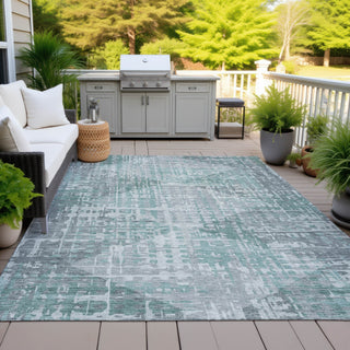 Piper Looms Chantille Geometric ACN2026 Teal Machine Washable Area Rug Outdoor Lifestyle Image Feature