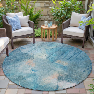 Piper Looms Chantille Abstract ACN2032 Blue Machine Washable Area Rug Round Outdoor Lifestyle Image Feature