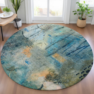 Piper Looms Chantille Abstract ACN2032 Teal Machine Washable Area Rug Round Lifestyle Image Feature