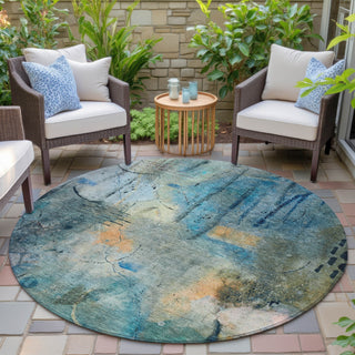Piper Looms Chantille Abstract ACN2032 Teal Machine Washable Area Rug Round Outdoor Lifestyle Image Feature