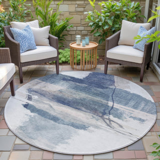 Piper Looms Chantille Abstract ACN2033 Blue Machine Washable Area Rug Round Outdoor Lifestyle Image Feature