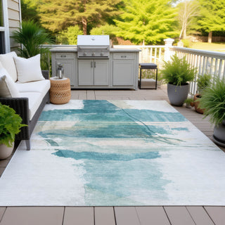 Piper Looms Chantille Abstract ACN2033 Teal Machine Washable Area Rug Outdoor Lifestyle Image Feature