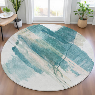 Piper Looms Chantille Abstract ACN2033 Teal Machine Washable Area Rug Round Lifestyle Image Feature
