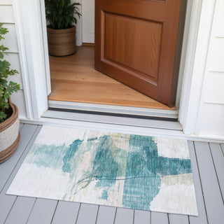 Piper Looms Chantille Abstract ACN2033 Teal Machine Washable Area Rug Scatter Outdoor Lifestyle Image Feature