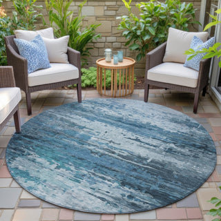 Piper Looms Chantille Abstract ACN2034 Blue Machine Washable Area Rug Round Outdoor Lifestyle Image Feature