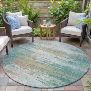 Piper Looms Chantille Abstract ACN2034 Teal Machine Washable Area Rug Round Outdoor Lifestyle Image Feature