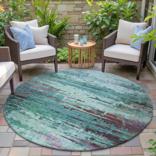 Piper Looms Chantille Abstract ACN2035 Teal Machine Washable Area Rug Round Outdoor Lifestyle Image Feature